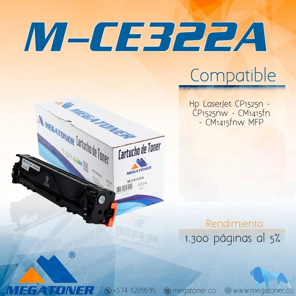 Tóner HP 128A Amarillo Con Chip CE322A Compatible con HP CM1415, CP1525 | Megatoner