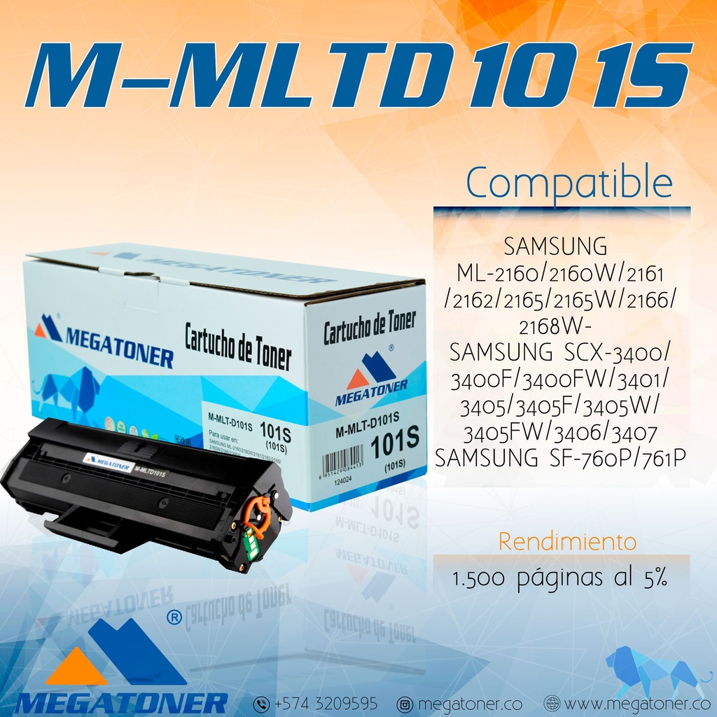 Tóner Samsung 101S MEGATONER Genérico Negro (M-MLTD101S) Compatible con Samsung ML-2160 SCX-3400 SF-760