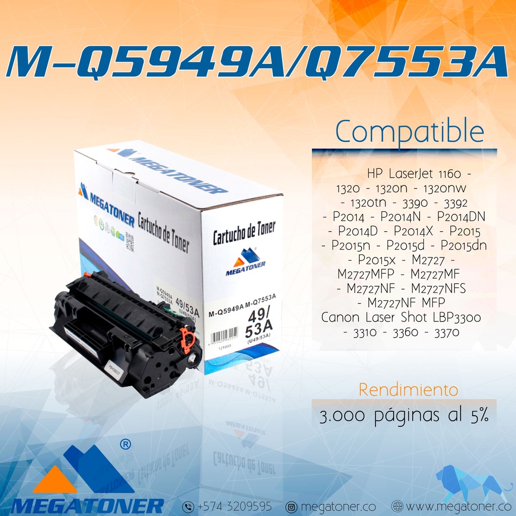 Tóner HP 49A/53A (Q5949A/Q7553A) Compatible con HP 1160, 1320, 2010, 3390, M2727 | Megatoner