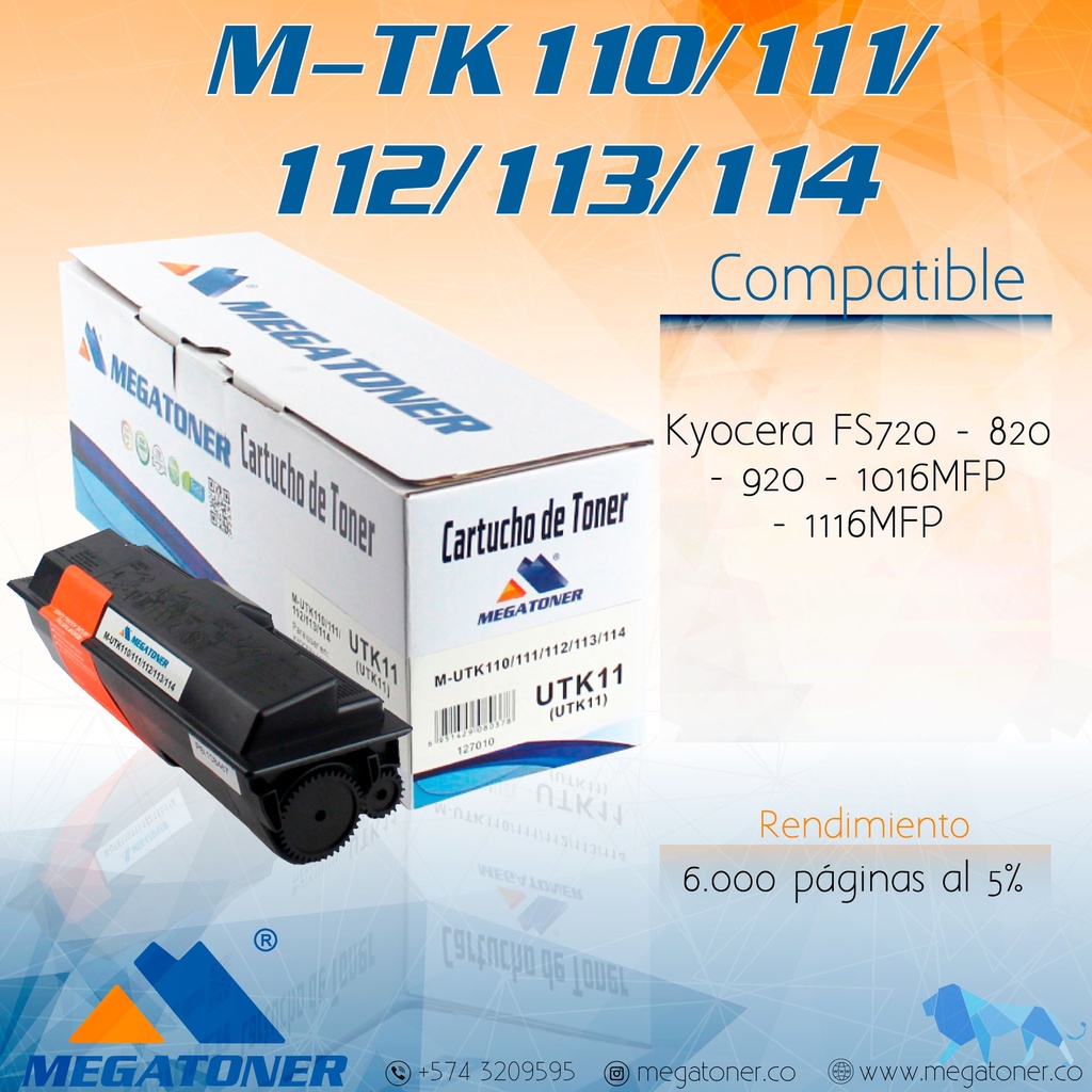Tóner Kyocera 110/112/113/114 MEGATONER Genérico Negro (M-TK110/111/112/113/114) Compatible con Kyocera FS-1016 FS-720 FS-820 FS-920