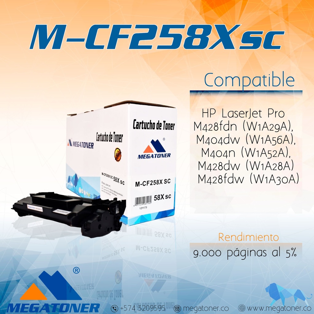 Tóner HP 58X (CF258X) Compatible con HP M404, M428 | Megatoner