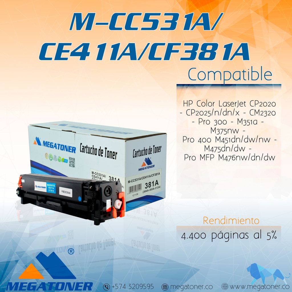 Cartucho MEGATONER M-CC531A/CE411A/CF381A (304A/305A/312A)
