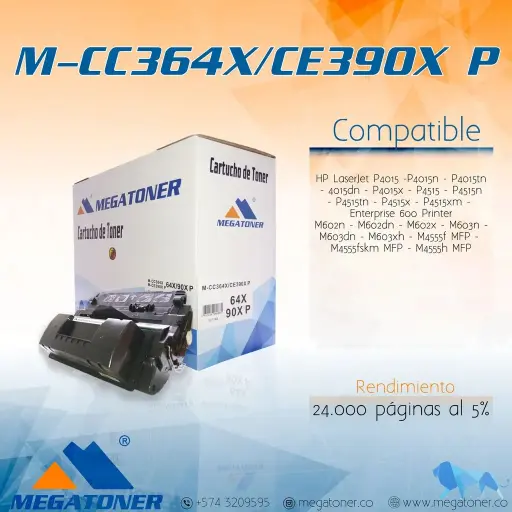 Tóner HP 64X/90X Negro CC364X/CE390X Compatible con HP 4515, P4015, M4555, M602, M603 Premium | Megatoner